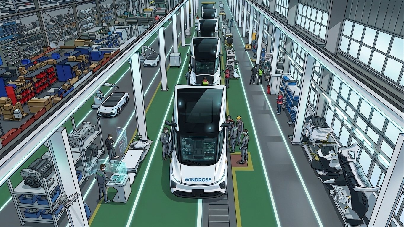 Windrose electric trucks moving down the assembly line, with technicians, parts staging, and diagnostic displays